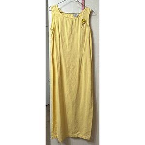 Lew Magram Vintage Sleeveless Solid Yellow Maxi Shift Dress‎ Flower Brooch 10